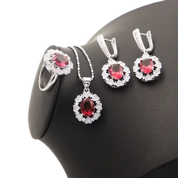 

GZJY Women Red Round AAA CZ Jewelry Sets 925 Silver Wedding Ring Earrings Necklace Pendant Sets for Christmas Bridal Party