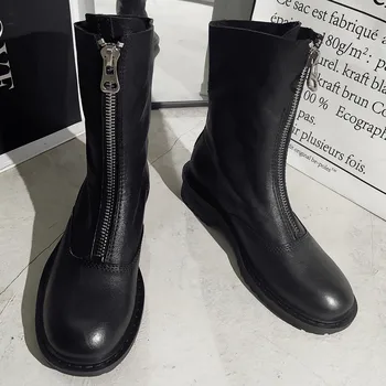 

Women's genuine leather front zip flats ankle boots soft comfortable punk Motorcycle boots high quality retro vintage shoes sale
