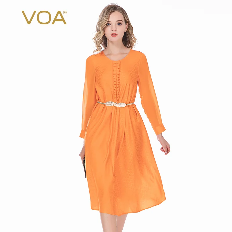 Женское жаккардовое платье VOA Silk 22 в момме оранжевое с круглым вырезом и длинными