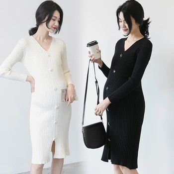 

7889# 2020 Autumn Korean Fashion Knitted Maternity Dress Charming Elegant Slim Sheath Clothes for Pregnant Women Hot Pregnancy