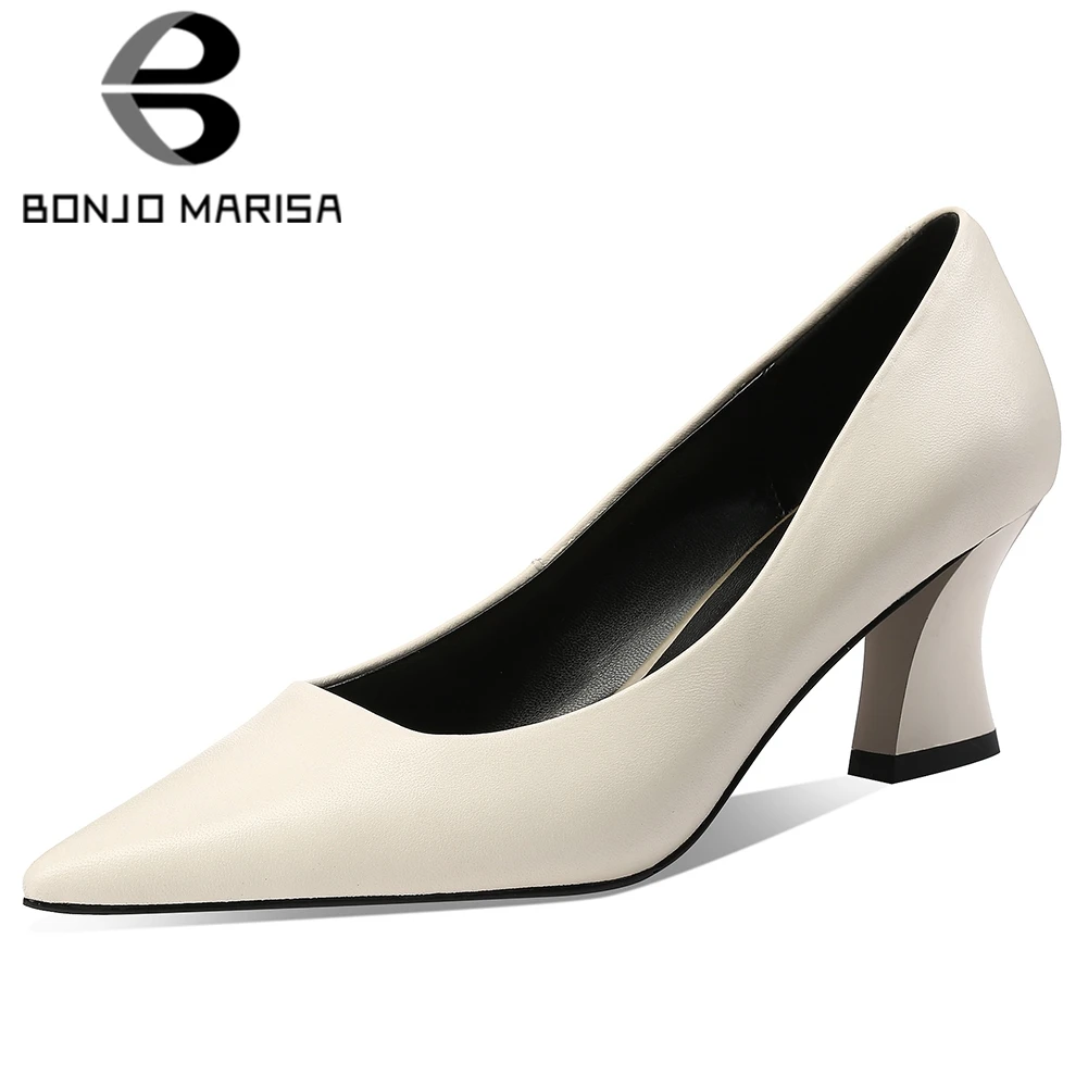 

BONJOMARISA Ladies Spring New Elegant Solid Shallow OL Pumps Pointed Toe Genuine Leather Pumps Women OL High Heels Shoes Woman