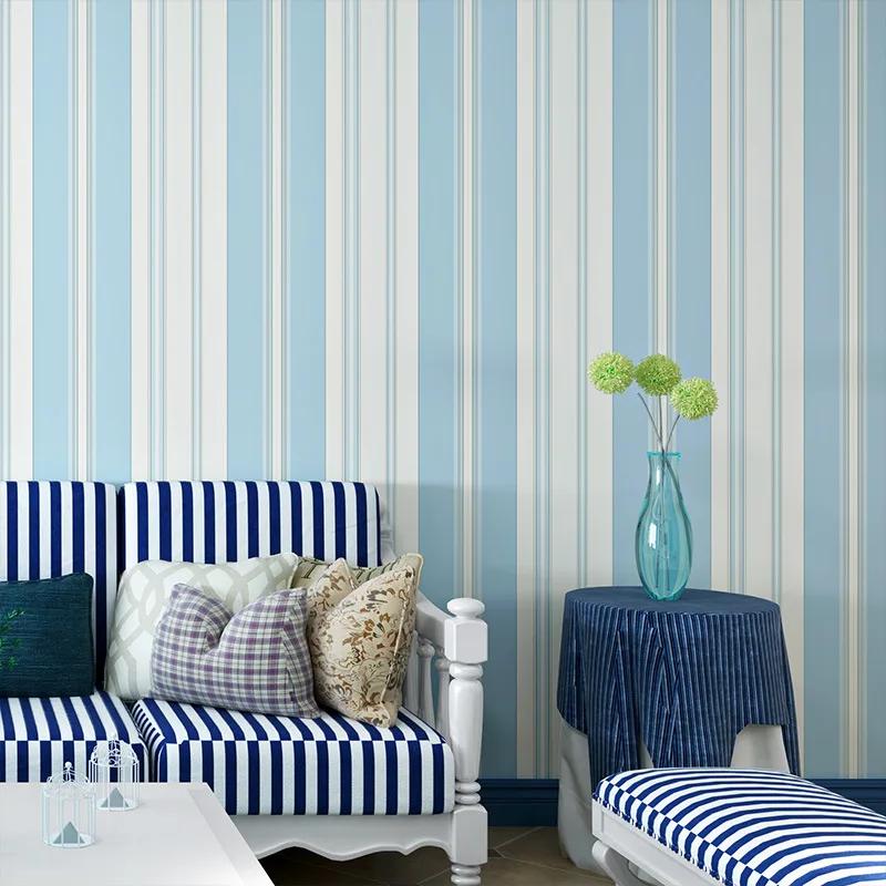 

Thickened Vertical Striped Wallpaper Bedroom Dining Room Background Wall Paper Mediterranean Striped Non-woven Wallpape