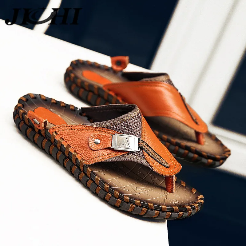 JICHI Brand Men Flip Flops Genuine Leather Summer Men Slippers Comfortable Beach Sandals Mens Casual Shoes Fashion Free Shipping