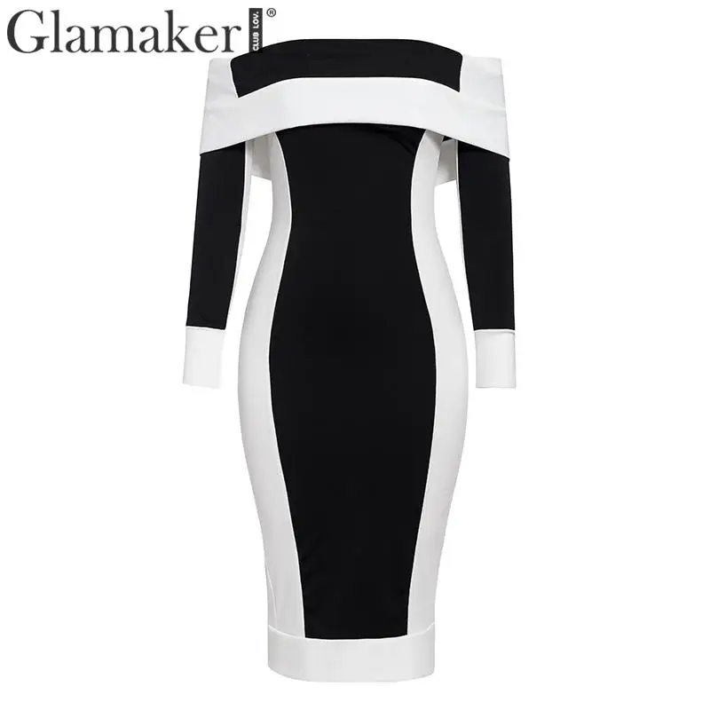 Glamaker, трикотажное облегающее платье с открытыми плечами и цветными блоками, женское элегантное платье с длинным рукавом, женские вечерние платья на осень и зиму, сексуальное платье