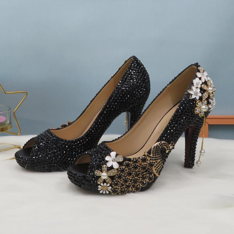 202 1Open Toe Black crystal Peacock Party Dress Wedding shoes