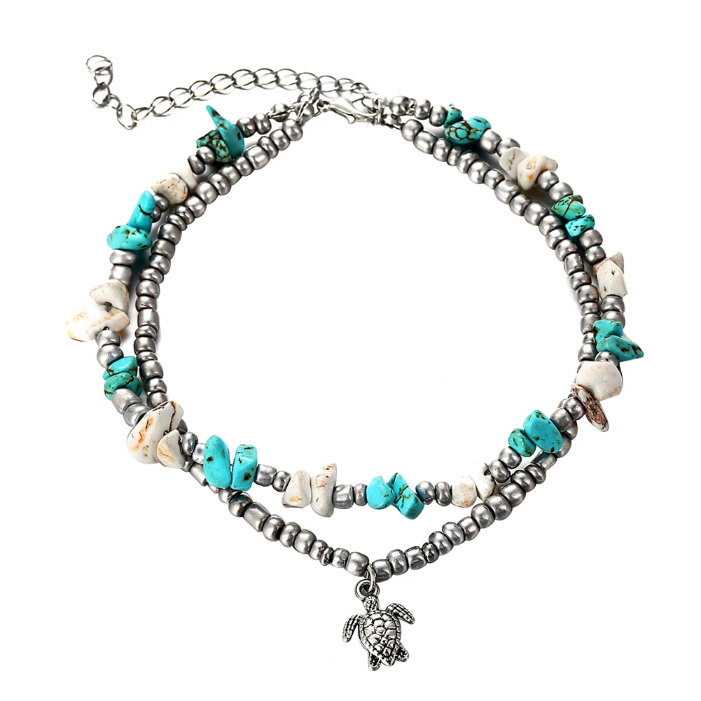 Women Anklet Turtle Heart Starfish Charm Double Layer Beaded Anklet Women Ankle Bracele on the leg Woman's accesories