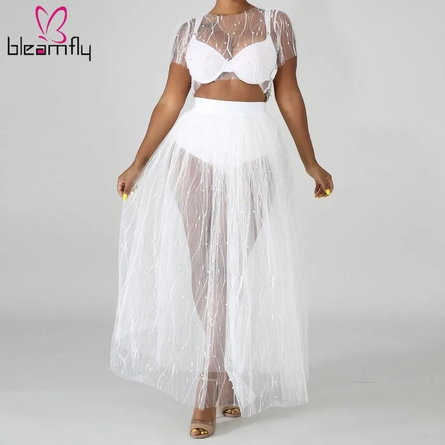

Mesh Sheer Pearls Women Two Piece Set Short Sleeve Crop Top Long Pleated Skirt Set Summer Beach Bikini Cover Up See Through Suit