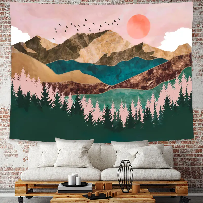 

Abstract Colorful Mountain Forest Tree Sunset Tapestry Nature Landscape Wall Hanging Tapestries Carpet Yoga Mat Dorm Decor