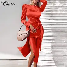 

Women Satin Silk Midi Dress Celmia 2022 Party Asymmetric Lamb Long Sleeve Vestidos Elegant Hem Split Bandage Evening Long Robes