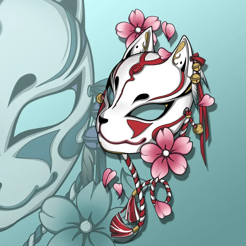 Japanese kitsune mask and sakura flower' Sticker
