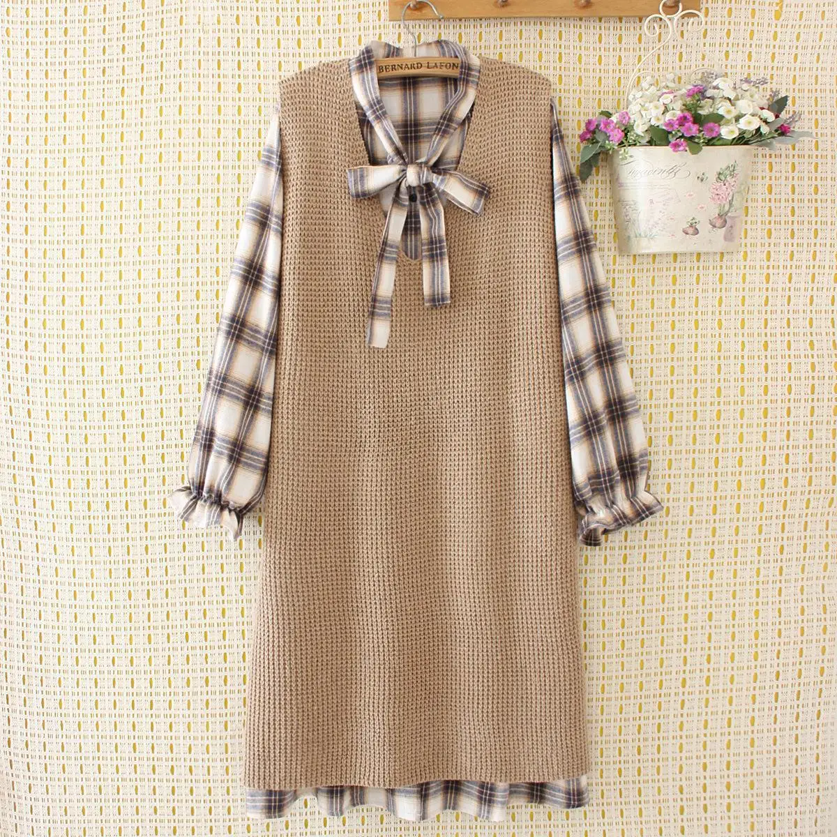 

Plus-sized WOMEN'S Dress 2019 Autumn Clothing Retro Plaid Knit Tank Dress Plaid Shirt Long Skirts Set 9517