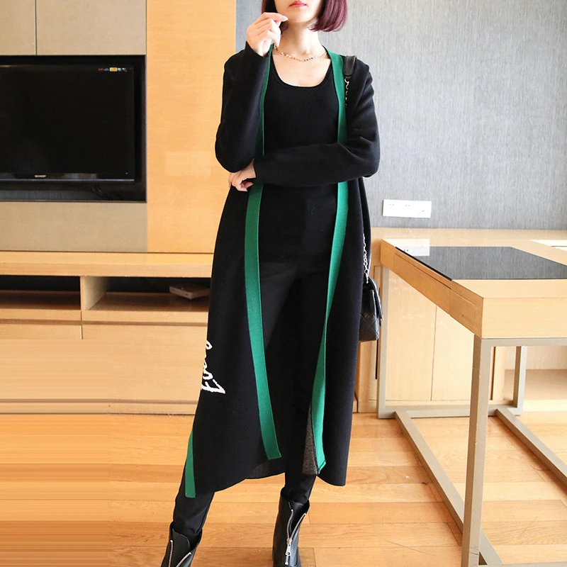 

Autumn Cardigan Sweater Coat Women Long Print Thick Warm Black Sweater Women Knitted Jumper Coat Pull Femme Streetwear Mujer