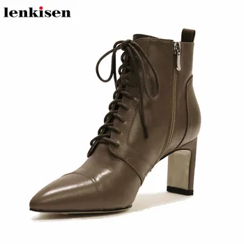 

Lenkisen solid elegant ladies cow leather lace up boots high heels pointed toe winter women keep warm fashion ankle boots L85