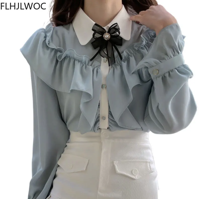Cute Retro Vintage Ruffles Bow Tie Ribbon Tops Flhjlwoc Basic Elegant Work Formal Single Breasted Button Solid White Shirts | Женская