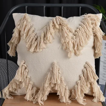 

Indian handmade tassel tufted cotton pillow cover beige Morocco Nordic boho Bohemia cushion cover bedside sofa decor 45X45cm