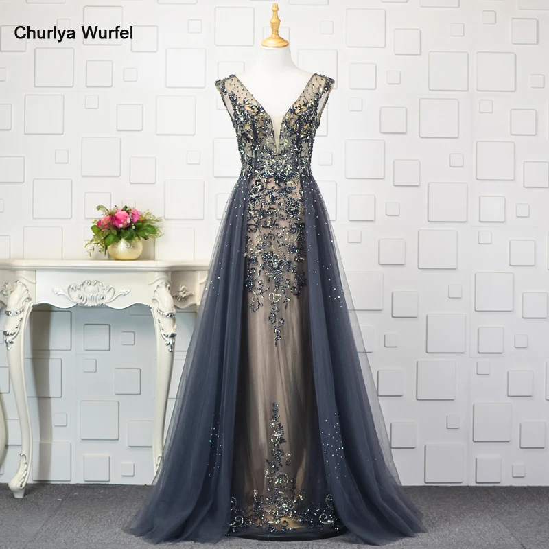 YY087 arabic evening dress long v-neck backless navy blue mother of bride dress A-line evening gown new robe soiree sexy longue