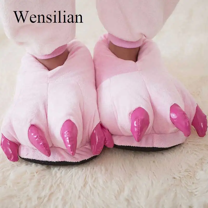 

Men&Women Winter Slippers Ladies Slip On Sliders Funny Animal Paw Children Plush Slippers Female Fuzzy Fur Flip Flops Slides
