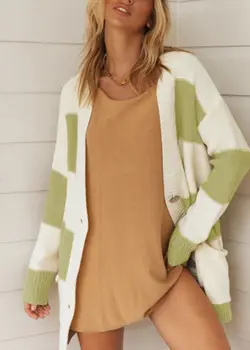 

2020 Fall New Product Knitwear European and American Sweater Women's Striped Color Combination Single-Breasted Pocket Cardigan