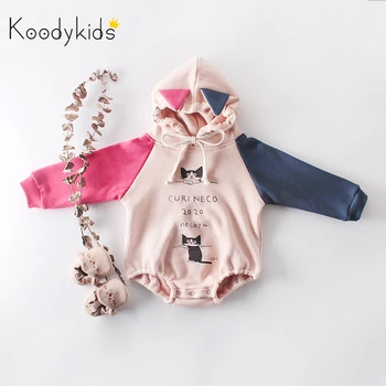 

Koodykids Baby Girl Bodysuits Autumn Winter Velvet Added Warm Rompers Hooded Baby Boy Rompers Spring Cat Printed Baby Clothes