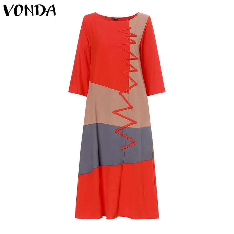 VONDA, женское платье, летнее, винтажное, из кусков, хлопковое, свободное, повседневное, с рукавом 3/4, с круглым вырезом, длинное, Пляжное, праздничное, сарафан, S-5XL - Цвет: Orange Red