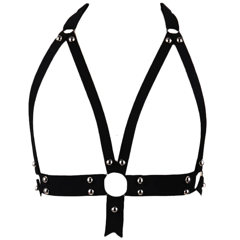 Rivet Ring Harness Bra Black Sexy Lingerie Goth Top Cage Bra Elastic Body Harness Belt Punk Bondage Hollow Lingerie