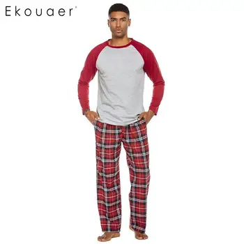 

Ekouaer Men Autumn Pajamas Set Long Sleeve O-Neck Tops Sleepshirt and Long Plaid Pants Pajama Winter Loungewear Home Suit