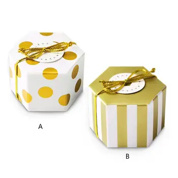 

Hexagon Candy Box Bulk with Gold Ribbon and Round Card,Gold Polka Dot,Pack of 50