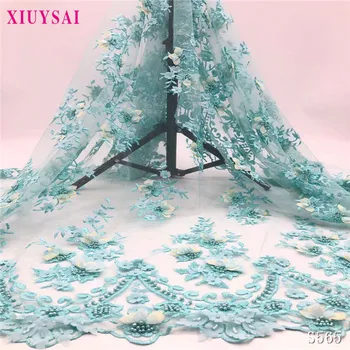 

XIUYSAI aqua green french beaded mesh lace fabric 2020 3d flower fabric luxury beads bridal lace fabric 5yards SL565