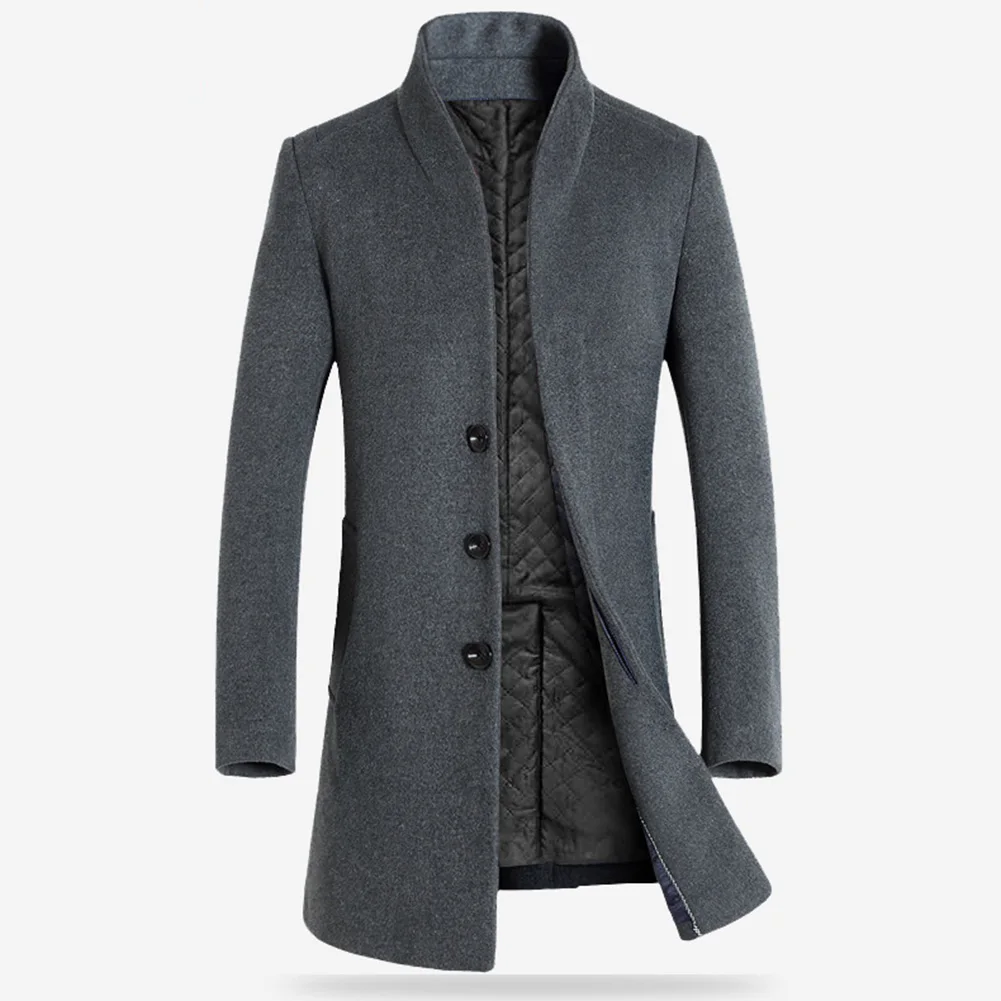big size solid color men's long-sleeved stand-up collar jacket trench coat casual mid-length slim woolen trench coat - Цвет: Grey
