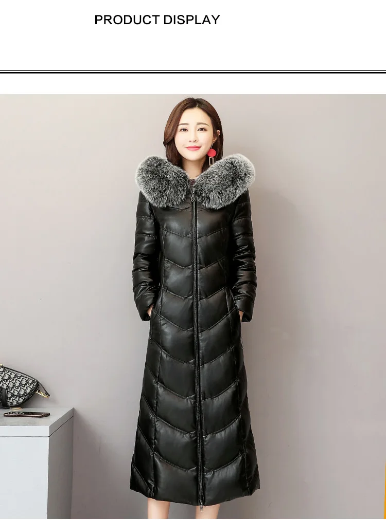 High quality Winter Down jacket Women Sheep Leather fox fur collar Female Hooded Long Coat Thick Slim Plus Size Female Parkas
