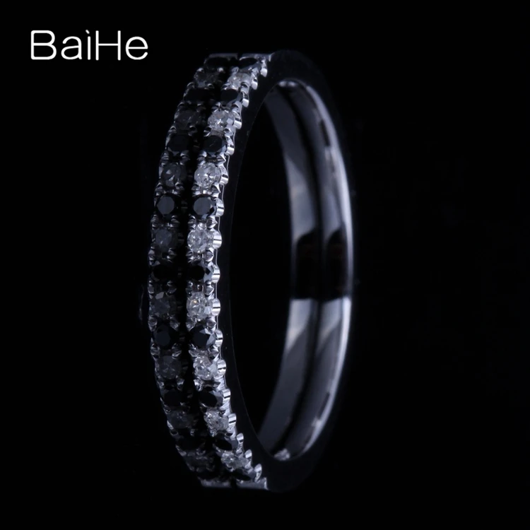 BAIHE Solid 14K белое золото H/SI 0.2ct безупречный круглый натуральные бриллианты и черные Алмазы обручальные Женские Подарочные Кольца