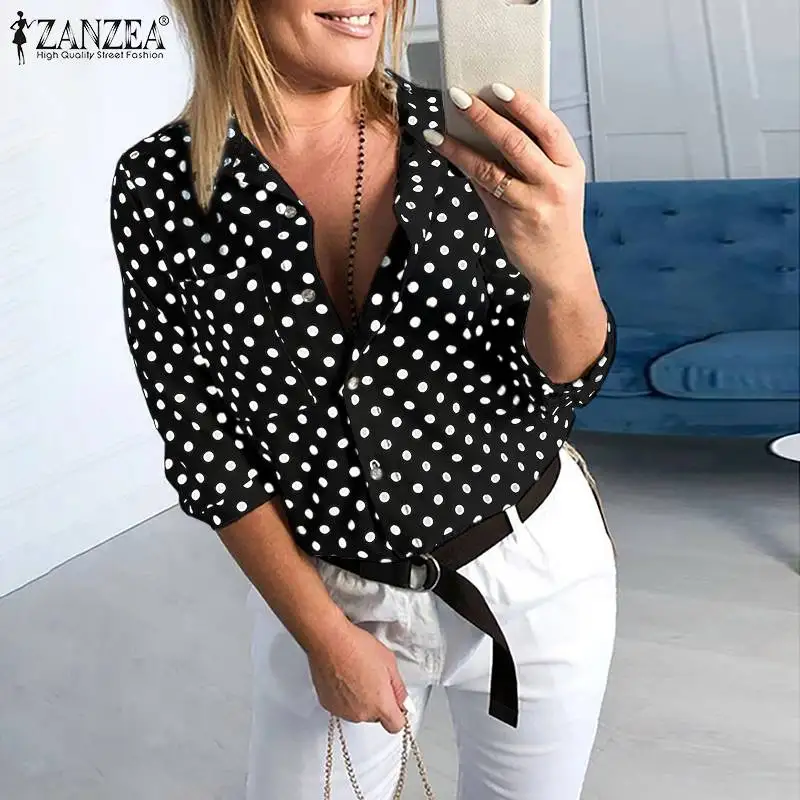 

ZANZEA Bohemian Blouse Women 2019 Polka Dot Print Shirt Office Lady Work Chic Sexy Tops Loose Turn Down Collar Buttons Blusas