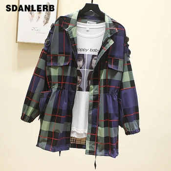 

Long Sleeve Korean Style Street Windbreaker Women's Long Coat 2019 Spring New Loose Casual Fashion Plaid Coat Student Trench