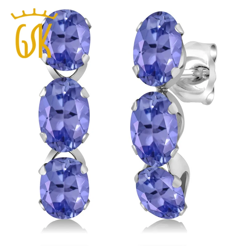 

2.70 Ct Oval Blue Tanzanite 925 Sterling Silver 3-Stone Earrings