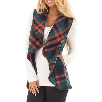 

Plaid Print Waistcoat Women Irregular Draped Open Front Sleeveless Vest Coat