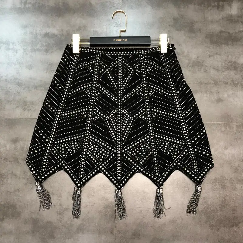DEAT New Arrivals Autumn Winter Black Diamonds Tassel Skirt Pattern Hot Drill Chain Fringed Women MH177