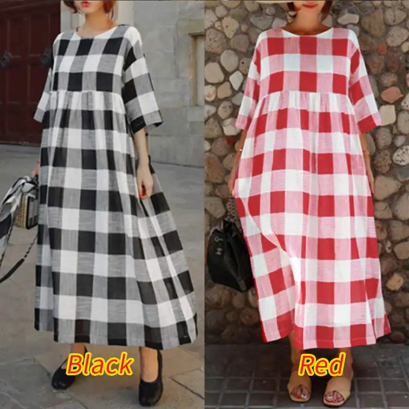 Женское платье, ZANZEA, в клетку, богемное, Vestidos, хлопок, лен, длинное, макси платье, свободная длинная туника, рубашка-сарафан, Robe Femme