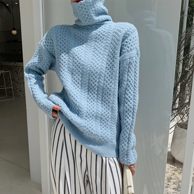 High collar100% pure wool sweater female autumn winter pile pile collar vintage twisted loose loose lazy wind sweater tide - Цвет: light blue