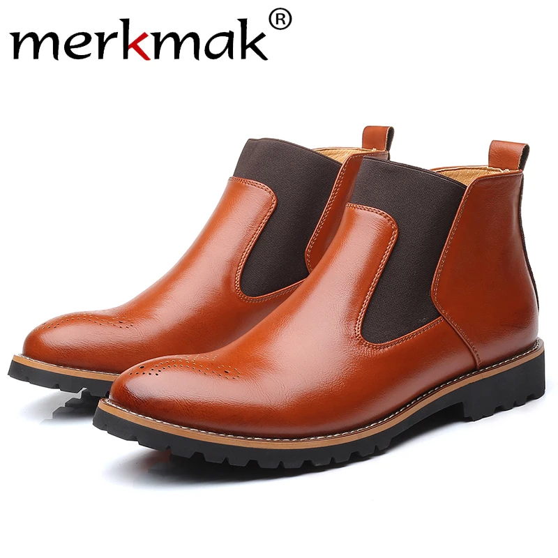 

Merkmak 2019 New Autumn Men Shoes Fashion Flat Leather Ankle Booties Non-slip Big Size Male Boots Casual Men Walking Booties