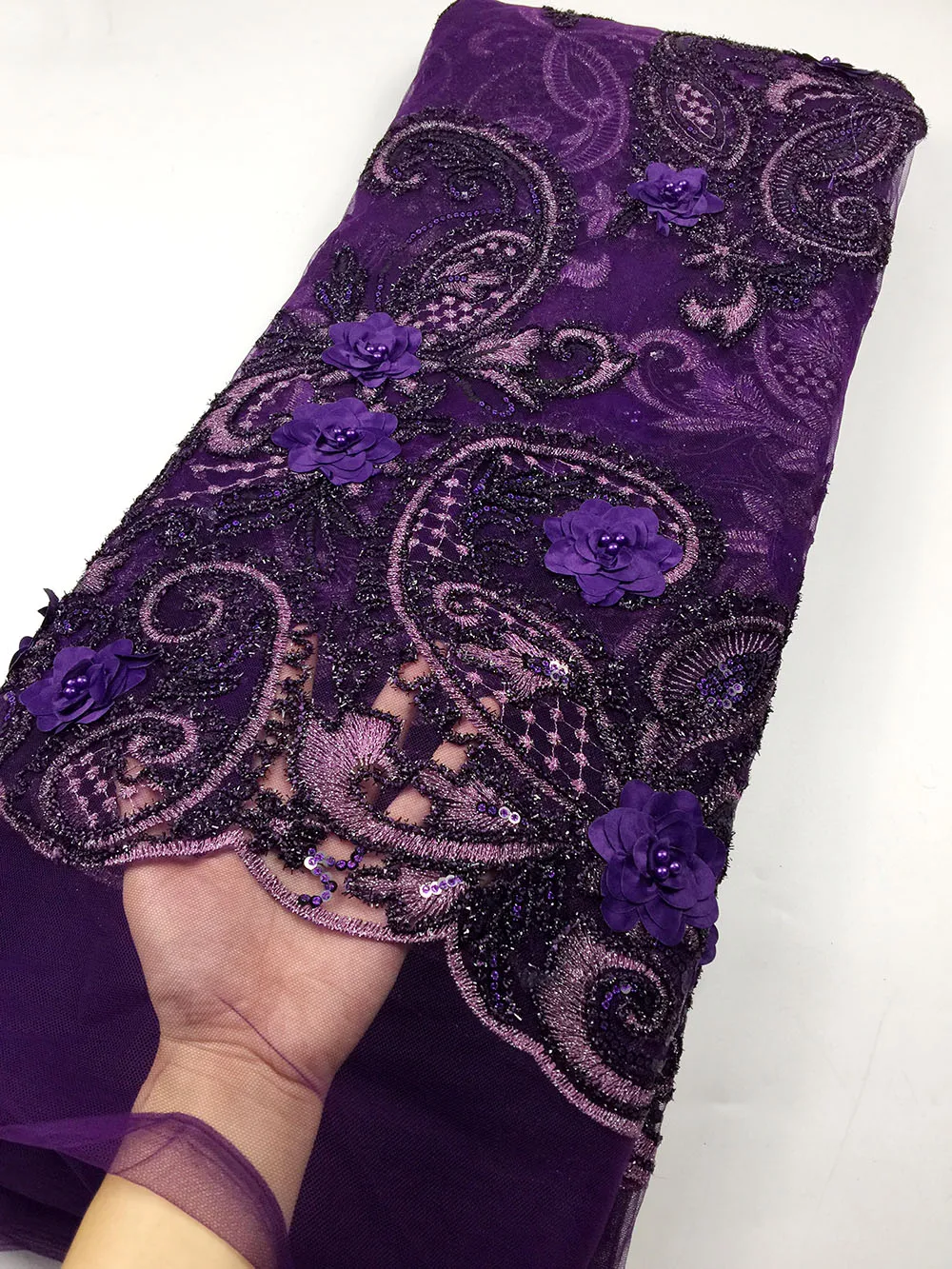 

Dark Purple 3D Applique Lace Fabric High Quality African Evening Dress Fabric New Nigeria Beads Embroidered Mesh Net Lace Fabric