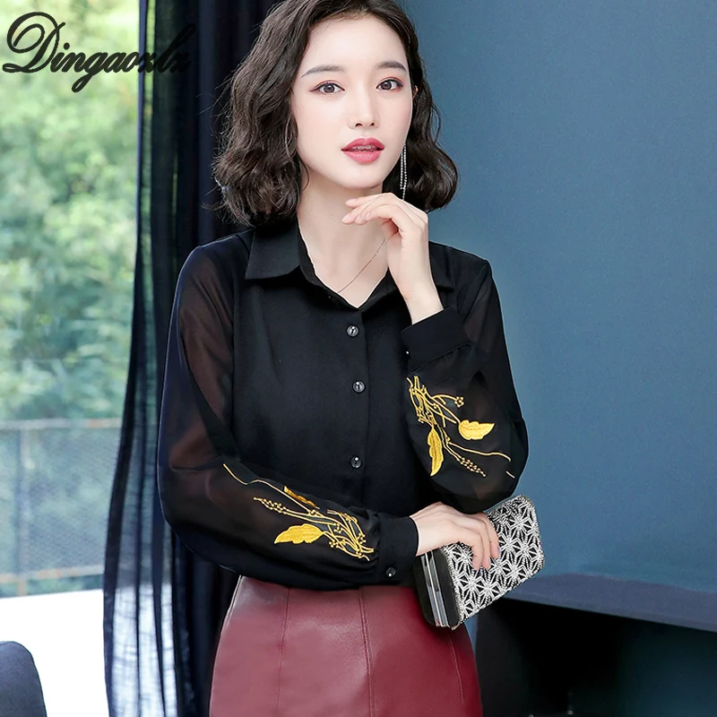 

Dingaozlz Autumn Fashion New Long Sleeve Women shirt Embroidered Tops Turn down collar Chiffon Blouse Feminine Women clothing