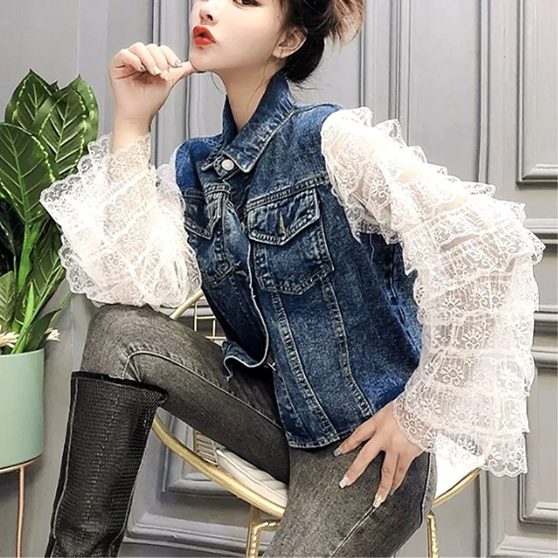 

Women Streetwear Spring Autumn Denim Jackets Outwear Lace Ruffles Long Sleeve Spliced Patchwork Coat Jeans Denim Coats Tops NZ90