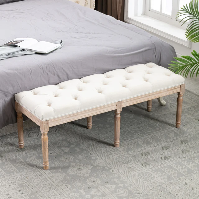 End of Bed Bench Upholstered Entryway Bench French Bench with Rubberwood Legs for Bedroom/Entry/Hallway