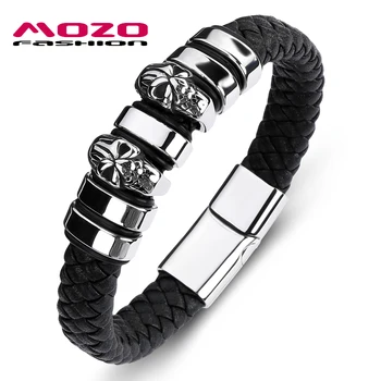 

Leather Fashion Classic Men Bracelet Black Skeleton Stainless Steel Magnet Buckle Bangle High Quality Man Jewelry