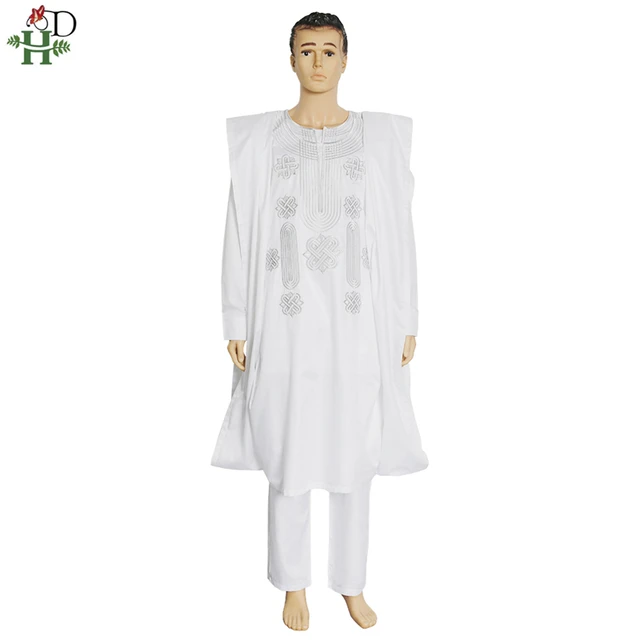 H&D African Suit For Men Robe Shirt Pants Set Long Sleeve Tops Embroidery Agbada Clothes Boubou Africain Homme Traditional Robes white