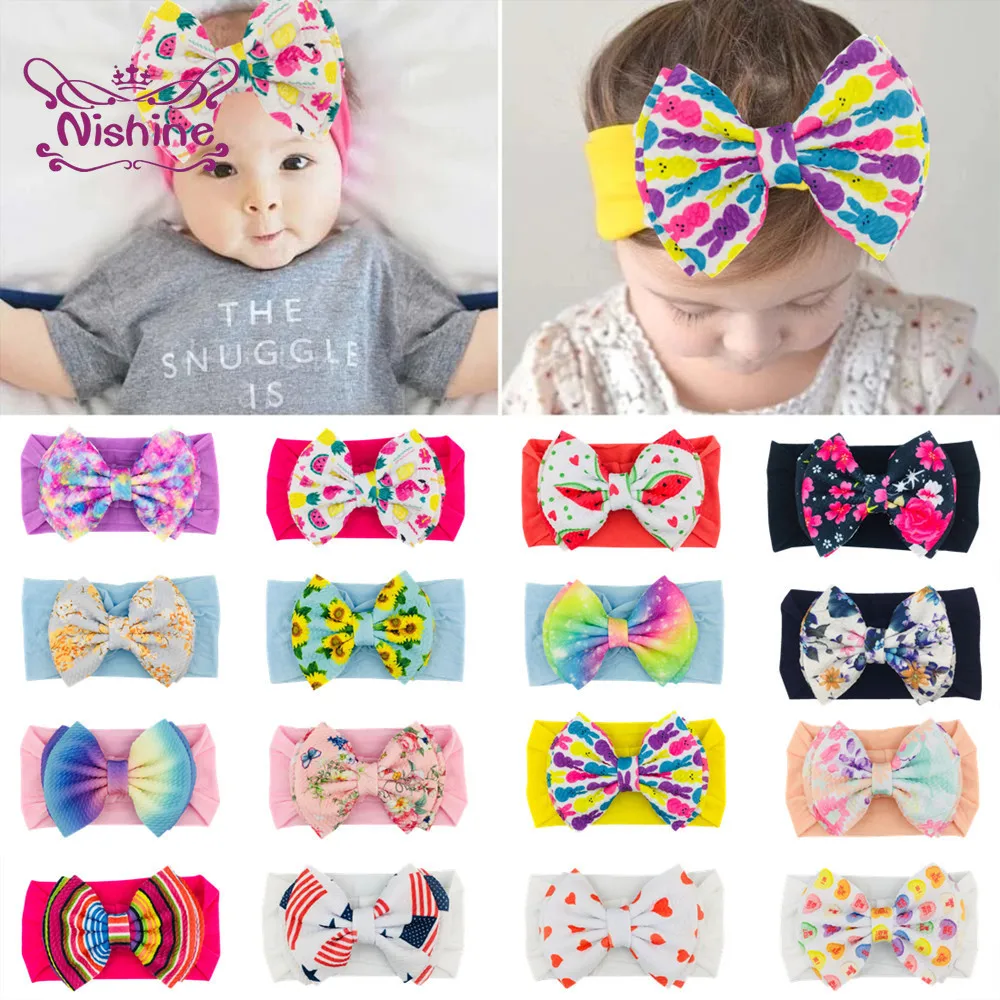 

Nishine Vintage Print Bowknot Elastic Wide Headband Cute Cartoon Pattern Bows Infant Hairband Baby Headwear Clothing Decoration