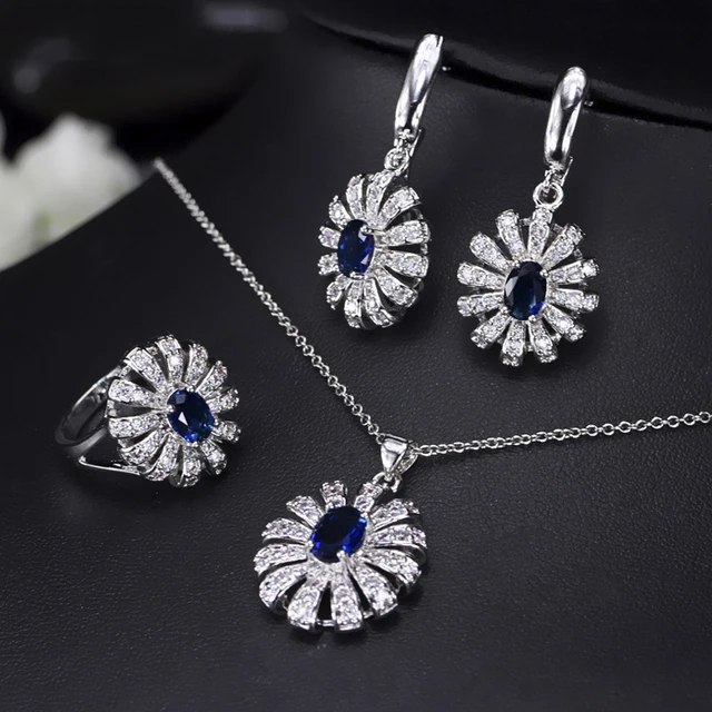 ThreeGraces Green Emerald Cubic Zirconia Stone Flower Necklace Earring and Ring Set 925 Sterling Silver Jewelry for Women  JS500 Royal blue
