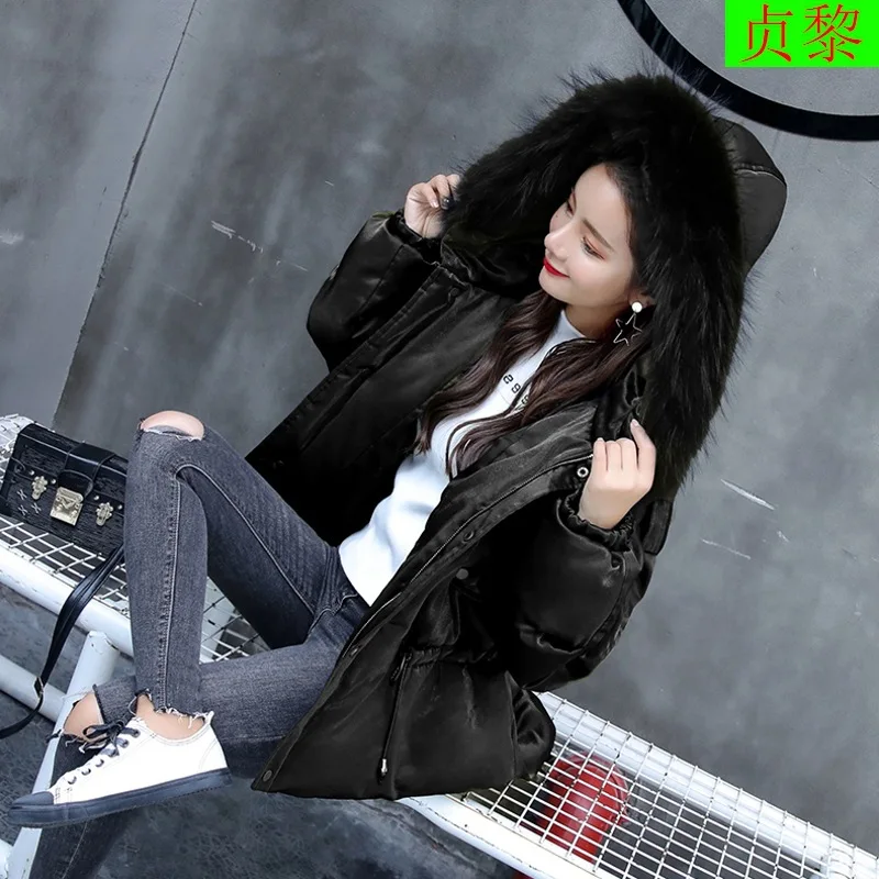 

Cotton-padded Clothes Female Winter New Style Korean-style Loose-Fit Hooded Lace-up Large Fur Collar Cotton Coat Irregular Hem d