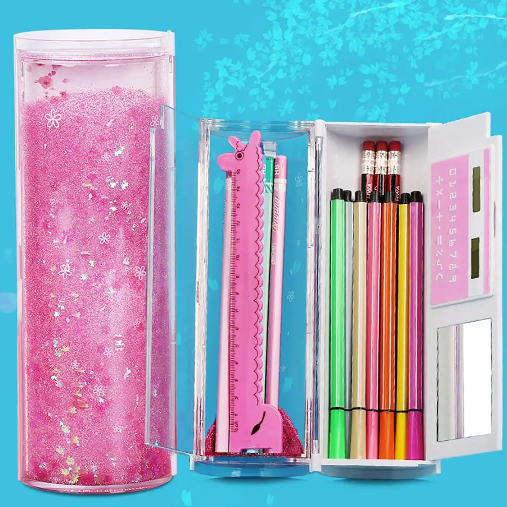

Pen Bags Storage Quicksand Stationery Box Multi-function Pen Case Transparent Simple Cylindrical Pencil Case School Supplies HH4