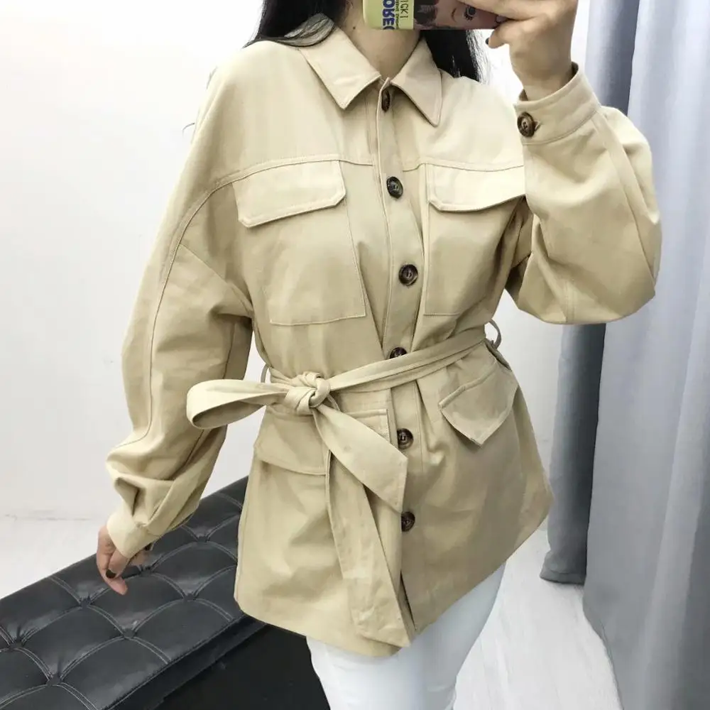 

Wowen's Safari Style Jacket Long Drop Shoulder Lantern Sleeve Button Single Breasted Pocket Female Coat with Sash Autumn Outwear
